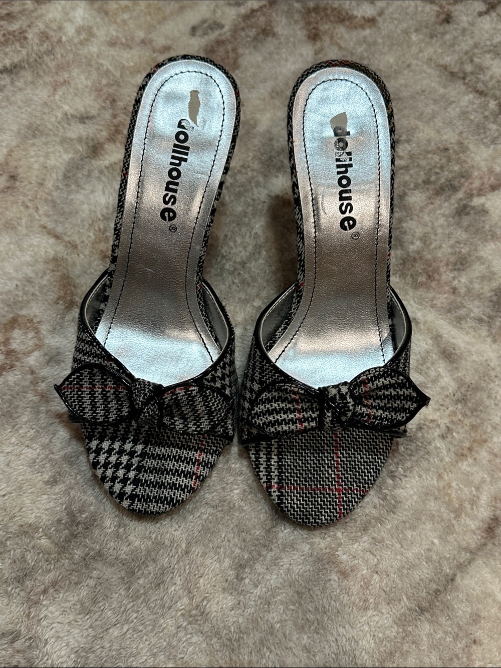 NWOB Dollhouse Black & Gray Houndstooth Bow Slide Mules